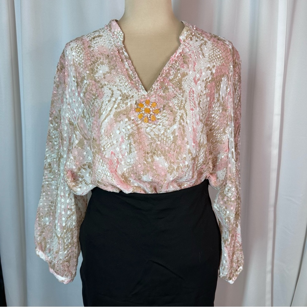 Alfred Dunner Top Sz 20W Blouse Lined Chiffon Embellished Sheer Floral Gem Pearl